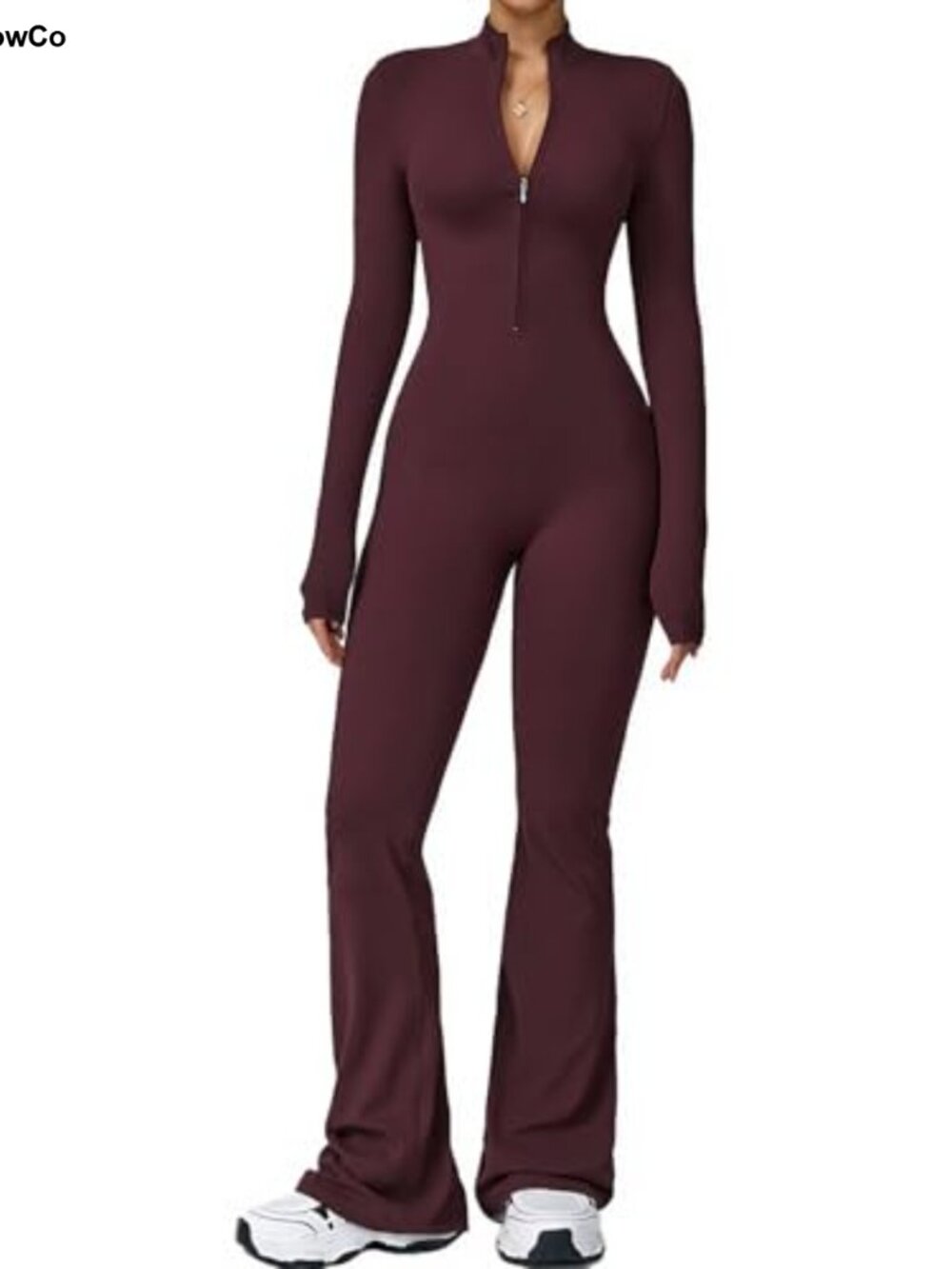 Women Long Sleeve Flared Jumpsuit Zip Up One Piece Unitard Wide Leg